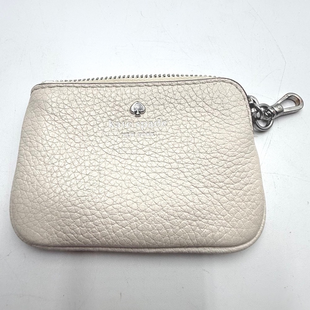Kate Spade New York Cream Pebbled Leather Coin Purse Zip Pouch Key Clip